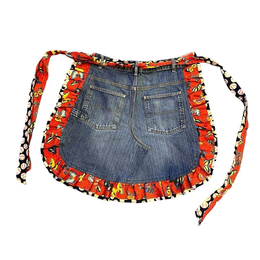 Handmade Upcycled Denim Half Apron Baseball & Butterfly Print Ruffled Tie Waist